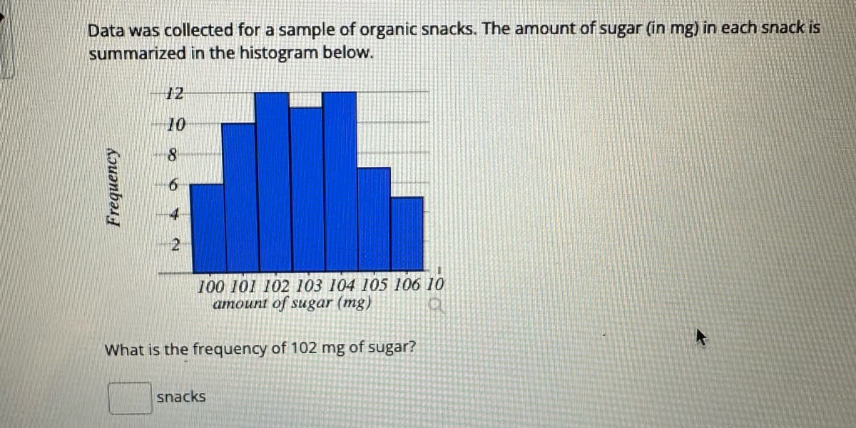 Data was collected for a sample of organic snacks. The amount of sugar (in mg) in each snack is
summarized in the histogram below.
Frequency
10
8
6
4
2
100 101 102 103 104 105 106 10
amount of sugar (mg)
What is the frequency of 102 mg of sugar?
snacks