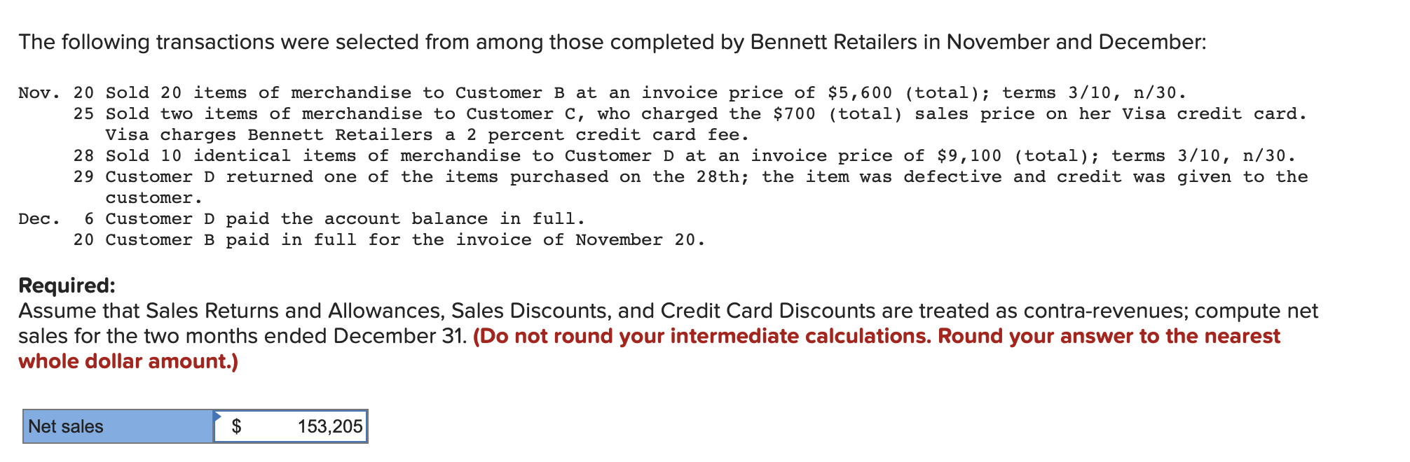 The following transactions were selected from among those completed by Bennett Retailers in November and December:
Nov. 20 Sold 20 items of merchandise to Customer B at an invoice price of $5,600 (total); terms 3/10, n/30.
25 Sold two items of merchand:ise to Customer C, who charged the $700 (total) sales price on her Visa credit card.
Visa charges Bennett Retailers a 2 percent credit card fee.
28 Sold 10 identical items of merchandise to Customer D at an invoice price of $9,100 (total); terms 3/10, n/30.
29 Customer D returned one of the items purchased on the 28th; the item was defective and credit was given to the
customer.
6 Customer D paid the account balance in full.
20 Customer B paid in full for the invoice of November 20.
Dec
Required:
Assume that Sales Returns and Allowances, Sales Discounts, and Credit Card Discounts are treated as contra-revenues; compute net
sales for the two months ended December 31. (Do not round your intermediate calculations. Round your answer to the nearest
whole dollar amount.)
$
Net sales
153,205
