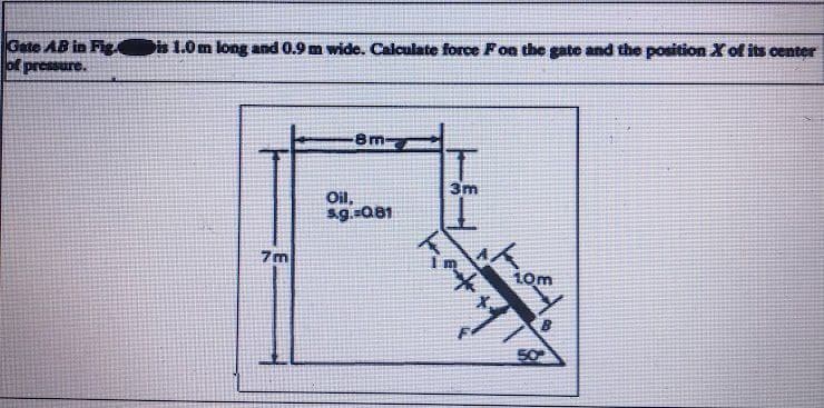 Gate AB in Fig.is 1.0 m long and 0.9 m wide. Calculate force Fon the gate and the position X of its center
of pressure.
7m
8m-
Oil,
5.g.=0.81
3m
1
10m
B
50⁰