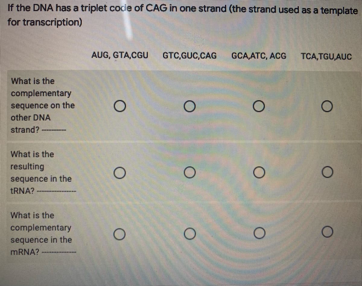 If the DNA has a triplet code of CAG in one strand (the strand used as a template
for transcription)
AUG, GTA,CGU
GTC,GUC,CAG
GCA,ATC, ACG
TCA,TGU,AUC
What is the
complementary
sequence on the
other DNA
strand?-
What is the
resulting
sequence in the
TRNA?
What is the
complementary
sequence in the
MRNA?
