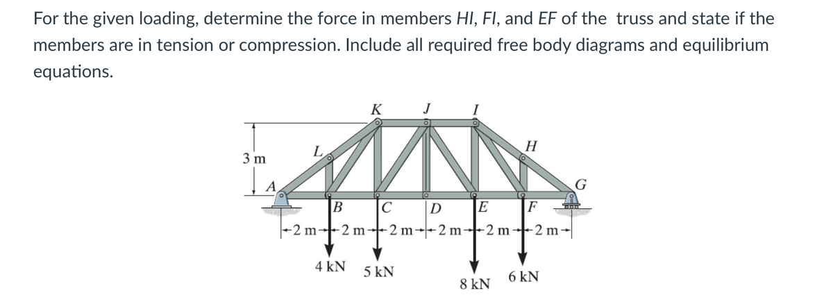 For the given loading, determine the force in members HI, FI, and EF of the truss and state if the
members are in tension or compression. Include all required free body diagrams and equilibrium
equations.
3 m
A
L
B
K J
4 kN
C
+2 m2 m2 m2 m-
D
5 kN
E
-2 m
8 kN
H
F
++2m-
6 kN
G