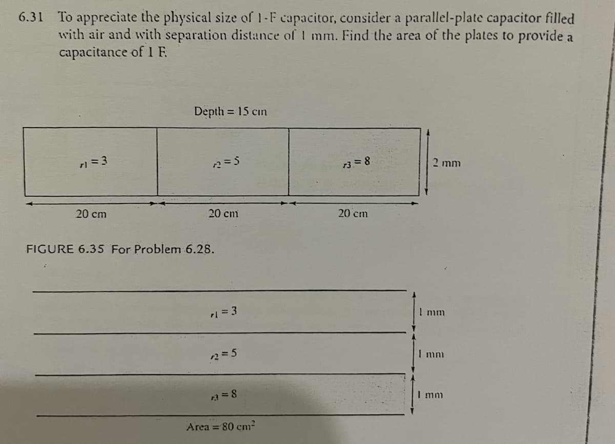 6.31 To appreciate the physical size of 1-F capacitor, consider a parallel-plate capacitor filled
with air and with separation distance of I mm. Find the area of the plates to provide a
capacitance of I F.
Depth = 15 cin
ミ3
3ミ8
2 mm
20 cm
20 cm
20 cm
FIGURE 6.35 For Problem 6.28.
rニ=3
I mm
2=5
I mmi
I mm
Area = 80 cm²
