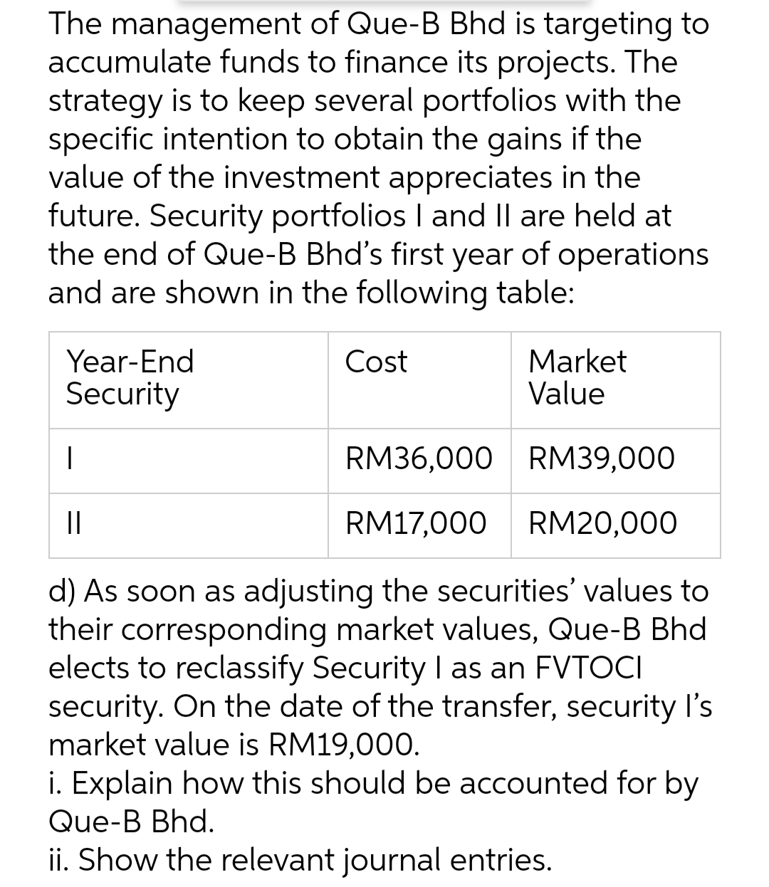 The management of Que-B Bhd is targeting to
accumulate funds to finance its projects. The
strategy is to keep several portfolios with the
specific intention to obtain the gains if the
value of the investment appreciates in the
future. Security portfolios I and Il are held at
the end of Que-B Bhd's first year of operations
and are shown in the following table:
Year-End
Security
Cost
Market
Value
RM36,000 RM39,000
||
RM17,000
RM20,000
d) As soon as adjusting the securities' values to
their corresponding market values, Que-B Bhd
elects to reclassify Security I as an FVTOCI
security. On the date of the transfer, security l's
market value is RM19,000.
i. Explain how this should be accounted for by
Que-B Bhd.
ii. Show the relevant journal entries.
