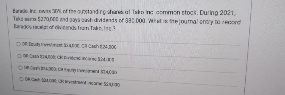 Barado, Inc. owns 30% of the outstanding shares of Tako Inc. common stock. During 2021,
Tako earns $270,000 and pays cash dividends of $80,000. What is the journal entry to record
Barado's receipt of dividends from Tako, Inc.?
O DR Equity Investment $24,000; CR Cash $24,000
O DR Cash $24,000; CR Dividend Income $24,000
O DR Cash $24,000; CR Equity Investment $24,000
O DR Cash $24,000; CR Investment Income $24,000