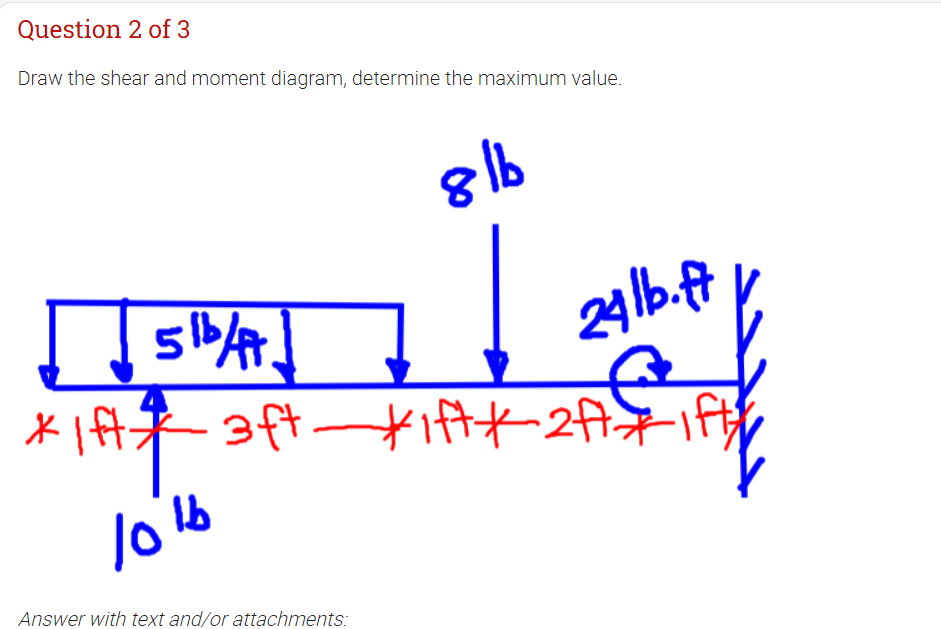 Question 2 of 3
Draw the shear and moment diagram, determine the maximum value.
Answer with text and/or attachments:
