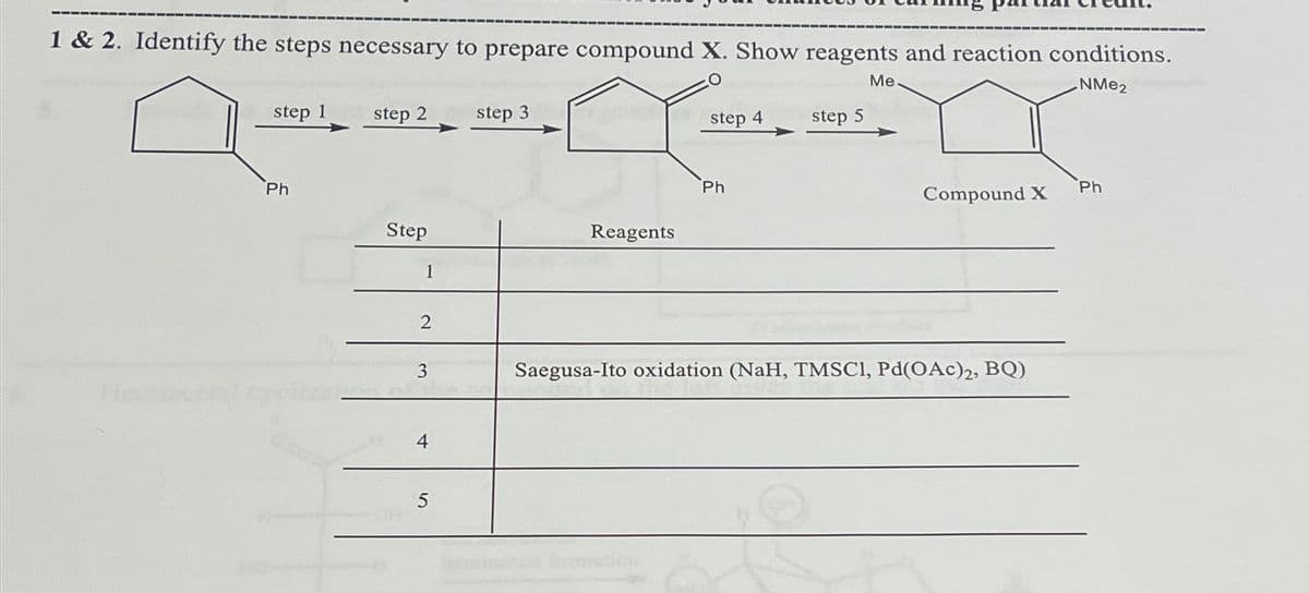 1 & 2. Identify the steps necessary to prepare compound X. Show reagents and reaction conditions.
step 1
step 2
step 3
Ph
Step
1
2
دیا
3
4
5
Reagents
Me
step 4
step 5
Ph
NMe2
Compound X
Ph
Saegusa-Ito oxidation (NaH, TMSCI, Pd(OAc)2, BQ)