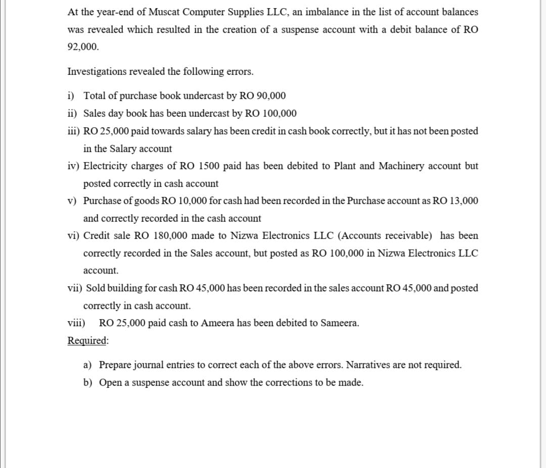 At the year-end of Muscat Computer Supplies LLC, an imbalance in the list of account balances
was revealed which resulted in the creation of a suspense account with a debit balance of RO
92,000.
Investigations revealed the following errors.
i) Total of purchase book undercast by RO 90,000
ii) Sales day book has been undercast by RO 100,000
iii) RO 25,000 paid towards salary has been credit in cash book correctly, but it has not been posted
in the Salary account
iv) Electricity charges of RO 1500 paid has been debited to Plant and Machinery account but
posted correctly in cash account
v) Purchase of goods RO 10,000 for cash had been recorded in the Purchase account as RO 13,000
and correctly recorded in the cash account
vi) Credit sale RO 180,000 made to Nizwa Electronics LLC (Accounts receivable) has been
correctly recorded in the Sales account, but posted as RO 100,000 in Nizwa Electronics LLC
account.
vii) Sold building for cash RO 45,000 has been recorded in the sales account RO 45,000 and posted
correctly in cash account.
viii)
RO 25,000 paid cash to Ameera has been debited to Sameera.
Required:
a) Prepare journal entries to correct each of the above errors. Narratives are not required.
b) Open a suspense account and show the corrections to be made.

