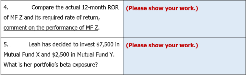 4.
Compare the actual 12-month ROR (Please show your work.)
of MF Z and its required rate of return,
comment on the performance of MF Z.
5.
Leah has decided to invest $7,500 in (Please show your work.)
Mutual Fund X and $2,500 in Mutual Fund Y.
What is her portfolio's beta exposure?
