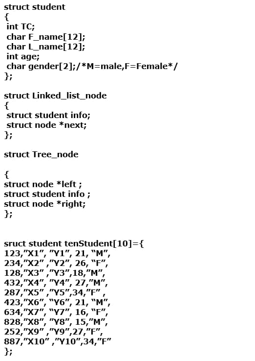 struct student
{
int TC;
char F_name[12];
char L_name[12];
int age;
char gender[2];/*M=male,F=Female*/
};
struct Linked_list_node
{
struct student info;
struct node *next;
};
struct Tree_node
{
struct node *left ;
struct student info ;
struct node *right;
};
sruct student tenStudent[10]={
123,"X1", "Y1", 21, "M",
234,"X2","Ү2", 26, "F",
128,"ХЗ","ҮЗ",18,"М",
432,"X4", "Y4", 27,"M",
287,"Х5","Ү5",34,"F",
423,"Х6", "Y6", 21, "M",
634,"X7", "Y7", 16, "F",
828,"х8", "Y8", 15,"M",
252,"X9" ,"Y9",27,"F",
887,"X10" ,"Y10",34,"F"
};
