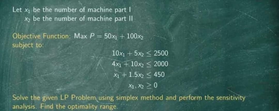 Let x₁ be the number of machine part I
x₂ be the number of machine part II
Objective Function: Max P = 50x₁ + 100x₂
subject to:
10x1 +5x22500
4x110x22000
X₁ + 1.5x2 < 450
X1, X20
Solve the given LP Problem using simplex method and perform the sensitivity
analysis. Find the optimality range.