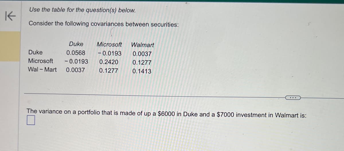 K
Use the table for the question(s) below.
Consider the following covariances between securities:
Duke
Duke
0.0568
Microsoft -0.0193 0.2420
Wal-Mart 0.0037
0.1277
Microsoft Walmart
-0.0193 0.0037
0.1277
0.1413
The variance on a portfolio that is made of up a $6000 in Duke and a $7000 investment in Walmart is: