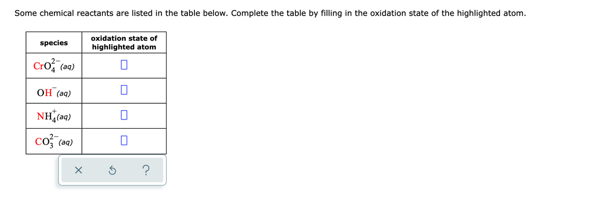 Some chemical reactants are listed in the table below. Complete the table by filling in the oxidation state of the highlighted atom.
oxidation state of
species
highlighted atom
Cro (aq)
ОН (ад)
NH(aq)
co, (aq)
