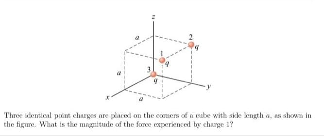 9
Three identical point charges are placed on the corners of a cube with side length a, as shown in
the figure. What is the magnitude of the force experienced by charge 1?