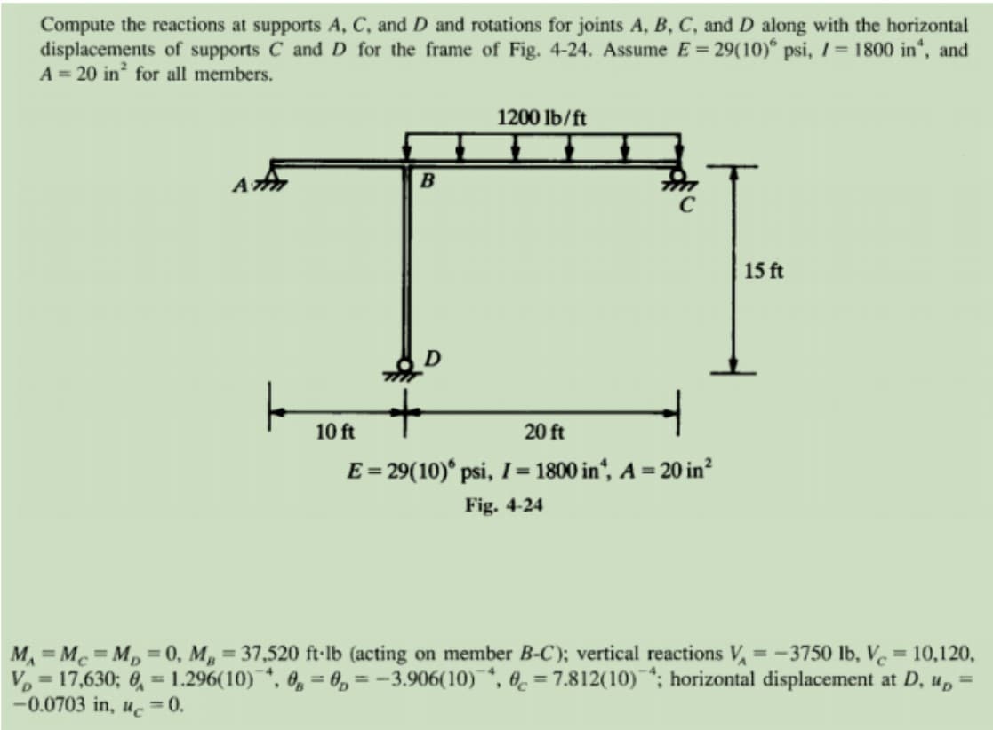 Compute the reactions at supports A, C, and D and rotations for joints A, B, C, and D along with the horizontal
displacements of supports C and D for the frame of Fig. 4-24. Assume E = 29(10)“ psi, /= 1800 in", and
A = 20 in for all members.
1200 lb/ft
15 ft
+
10 ft
20 ft
E = 29(10)* psi, I = 1800 in“, A =:
= 20 in?
%3D
%3D
Fig. 4-24
M, = Mc=M, = 0, M,
V, = 17,630; 6, = 1.296(10)*, 0, = 0, = -3.906(10) *, O. = 7.812(10) *; horizontal displacement at D, u, =
-0.0703 in, uc =0.
= 37,520 ft-lb (acting on member B-C); vertical reactions V,= -3750 lb, V.
10,120,
%3D
%3D
