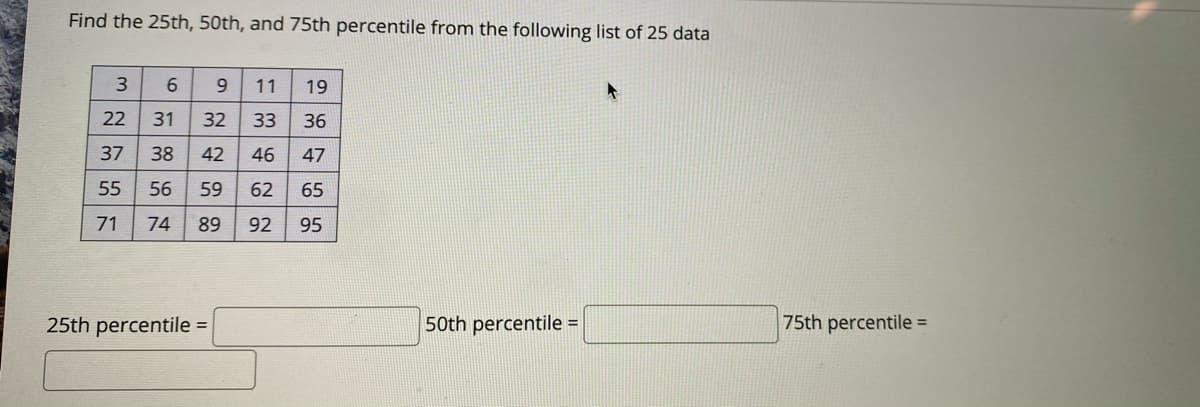 Find the 25th, 50th, and 75th percentile from the following list of 25 data
3
11
19
22
31
32
33
36
37
38
42
46
47
55
56
59
62
65
71
74
89
92
95
25th percentile
50th percentile =
75th percentile =
