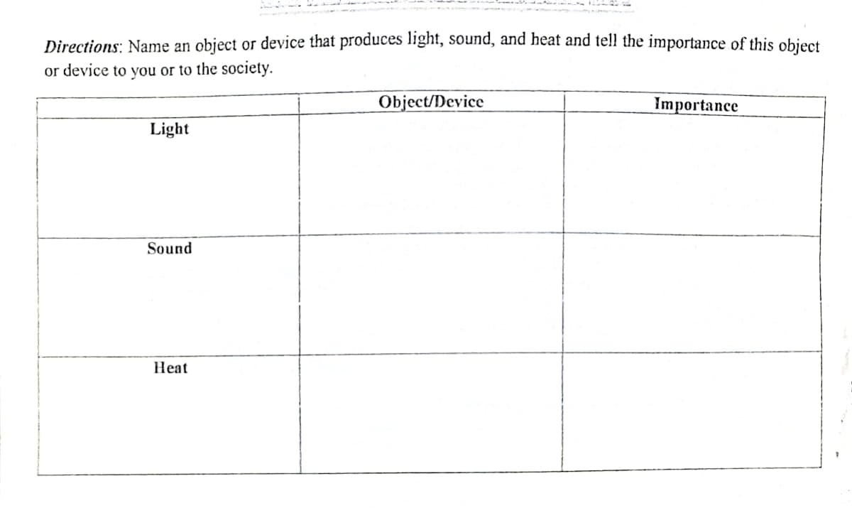 Directions: Name an object or device that produces light, sound, and heat and tel! the importance of this object
or device to you or to the society.
Object/Device
Importance
Light
Sound
Нeat
