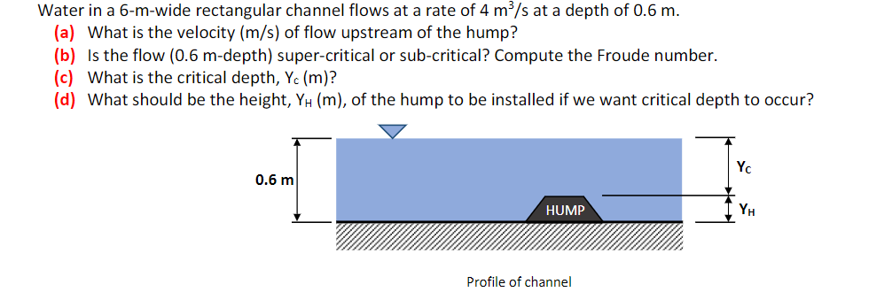 Water in a 6-m-wide rectangular channel flows at a rate of 4 m³/s at a depth of 0.6 m.
(a) What is the velocity (m/s) of flow upstream of the hump?
(b) Is the flow (0.6 m-depth) super-critical or sub-critical? Compute the Froude number.
(c) What is the critical depth, Yc (m)?
(d) What should be the height, YH (m), of the hump to be installed if we want critical depth to occur?
Yc
0.6 m
HUMP
Profile of channel
YH