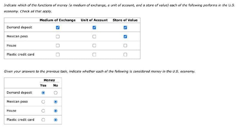 Indicate which of the functions of money (a medium of exchange, a unit of account, and a store of value) each of the following performs in the U.S.
economy. Check all that apply.
Medium of Exchange
Unit of Account
Store of Value
Demand deposit
Mexican peso
House
Plastic credit card
Given your answers to the previous task, indicate whether each of the following is considered money in the U.S. economy.
Demand deposit
Mexican peso
House
Plastic credit card
Money
Yes No