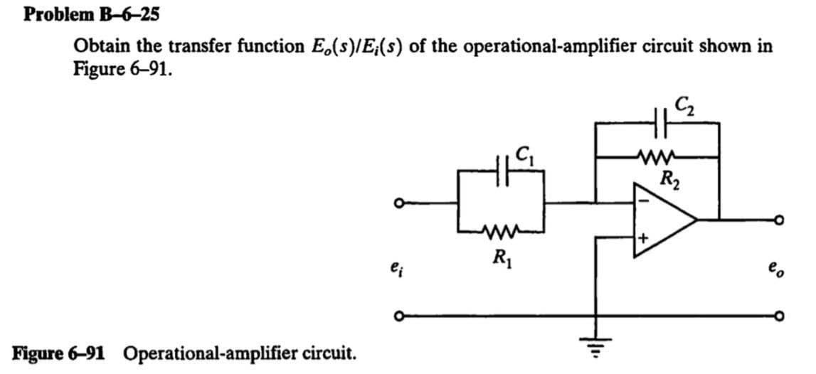 Problem B-6-25
Obtain the transfer function Eo(s)/E;(s) of the operational-amplifier circuit shown in
Figure 6-91.
Figure 6-91 Operational-amplifier circuit.
www
R₁
С2
www
R₂