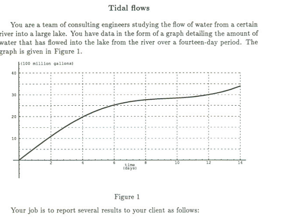 Tidal flows
You are a team of consulting engineers studying the flow of water from a certain
river into a large lake. You have data in the form of a graph detailing the amount of
water that has flowed into the lake from the river over a fourteen-day period. The
graph is given in Figure 1.
p100 million gallons)
40
30
20
10
time
(days)
Figure 1
Your job is to report several results to your client as follows:
