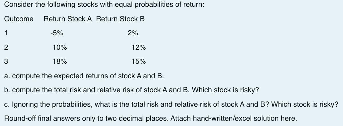 Consider the following stocks with equal probabilities of return:
Outcome
Return Stock A Return Stock B
1
-5%
2%
2
10%
12%
3
18%
15%
a. compute the expected returns of stock A and B.
b. compute the total risk and relative risk of stock A and B. Which stock is risky?
c. Ignoring the probabilities, what is the total risk and relative risk of stock A and B? Which stock is risky?
Round-off final answers only to two decimal places. Attach hand-written/excel solution here.
