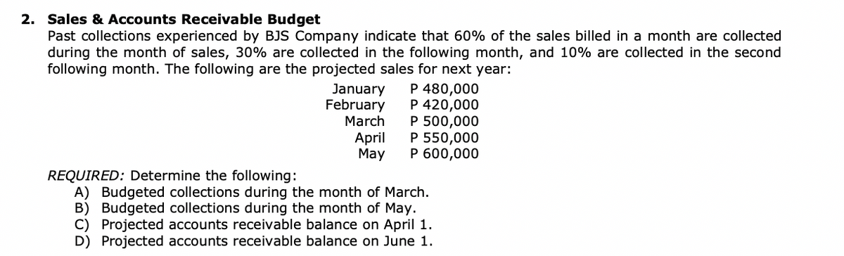 2. Sales & Accounts Receivable Budget
Past collections experienced by BJS Company indicate that 60% of the sales billed in a month are collected
during the month of sales, 30% are collected in the following month, and 10% are collected in the second
following month. The following are the projected sales for next year:
January
February
March
April
May
P 480,000
P 420,000
P 500,000
P 550,000
P 600,000
REQUIRED: Determine the following:
A) Budgeted collections during the month of March.
B) Budgeted collections during the month of May.
C) Projected accounts receivable balance on April 1.
D) Projected accounts receivable balance on June 1.
