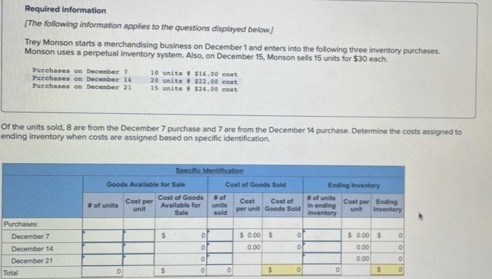 Required information
[The following information applies to the questions displayed below.]
Trey Monson starts a merchandising business on December 1 and enters into the following three inventory purchases.
Monson uses a perpetual inventory system. Also, on December 15, Monson sells 15 units for $30 each.
Purchases on December 7
Purchases on December 14
Purchases on December 21
Total
Of the units sold, 8 are from the December 7 purchase and 7 are from the December 14 purchase. Determine the costs assigned to
ending inventory when costs are assigned based on specific identification.
Purchases:
December 7
December 14
December 21
10 units $16.00 cost
20 units $22.00 cost
15 units @ $24.00 cost
# of units
Goods Available for Sale
0
Cost per
unit
Specific Identification
Cost of Goods
Available for
Sale
$
$
0
0
0
0
Cost of Goods Sold
# of
units
sold
0
Cost Cost of
per unit Goods Sold
$0.00 $
0.00
$
0
0
0
Ending Inventory
of units Cost per Ending
in ending
unit Inventory
inventory
0
$0.00 $
0.00
0.00
$
0
0
0
0
