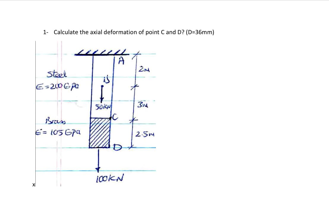 1- Calculate the axial deformation of point C and D? (D=36mm)
A
steel
E-200G pa
50IN
Bras
E= 105 Gpa
2.5M
XI
