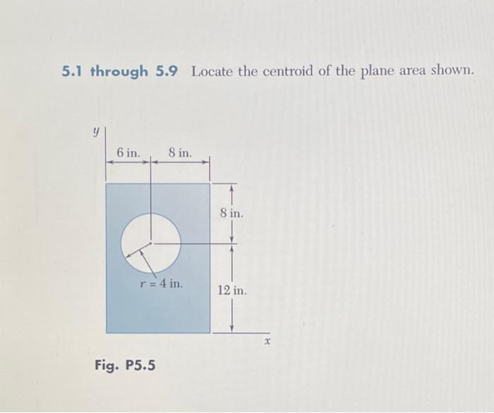 5.1 through 5.9 Locate the centroid of the plane area shown.
6 in.
8 in.
r = 4 in.
Fig. P5.5
8 in.
12 in.