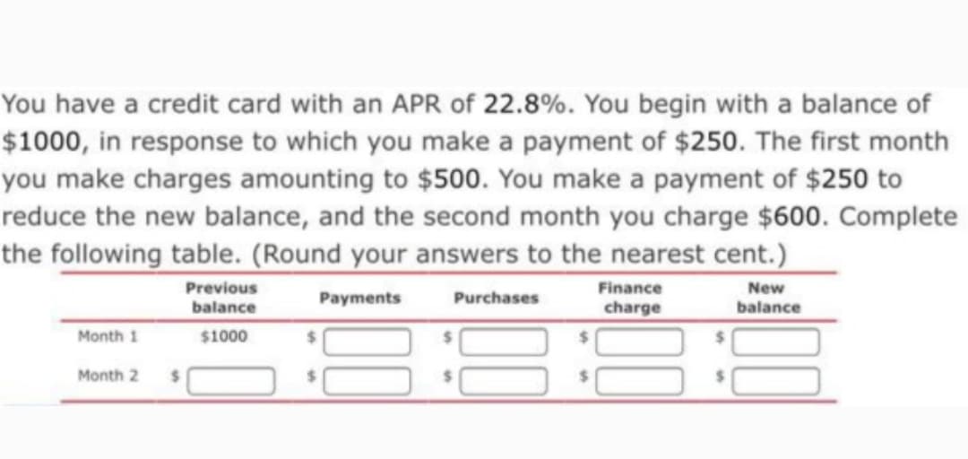 You have a credit card with an APR of 22.8%. You begin with a balance of
$1000, in response to which you make a payment of $250. The first month
you make charges amounting to $500. You make a payment of $250 to
reduce the new balance, and the second month you charge $600. Complete
the following table. (Round your answers to the nearest cent.)
Previous
Finance
New
Payments
Purchases
balance
charge
balance
Month 1
$1000
%24
Month 2 $
