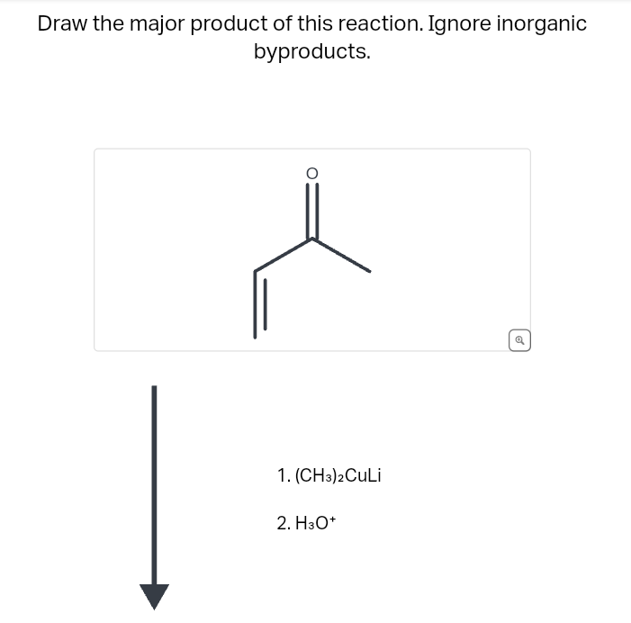 Draw the major product of this reaction. Ignore inorganic
byproducts.
1. (CH3)2CuLi
2. H3O+