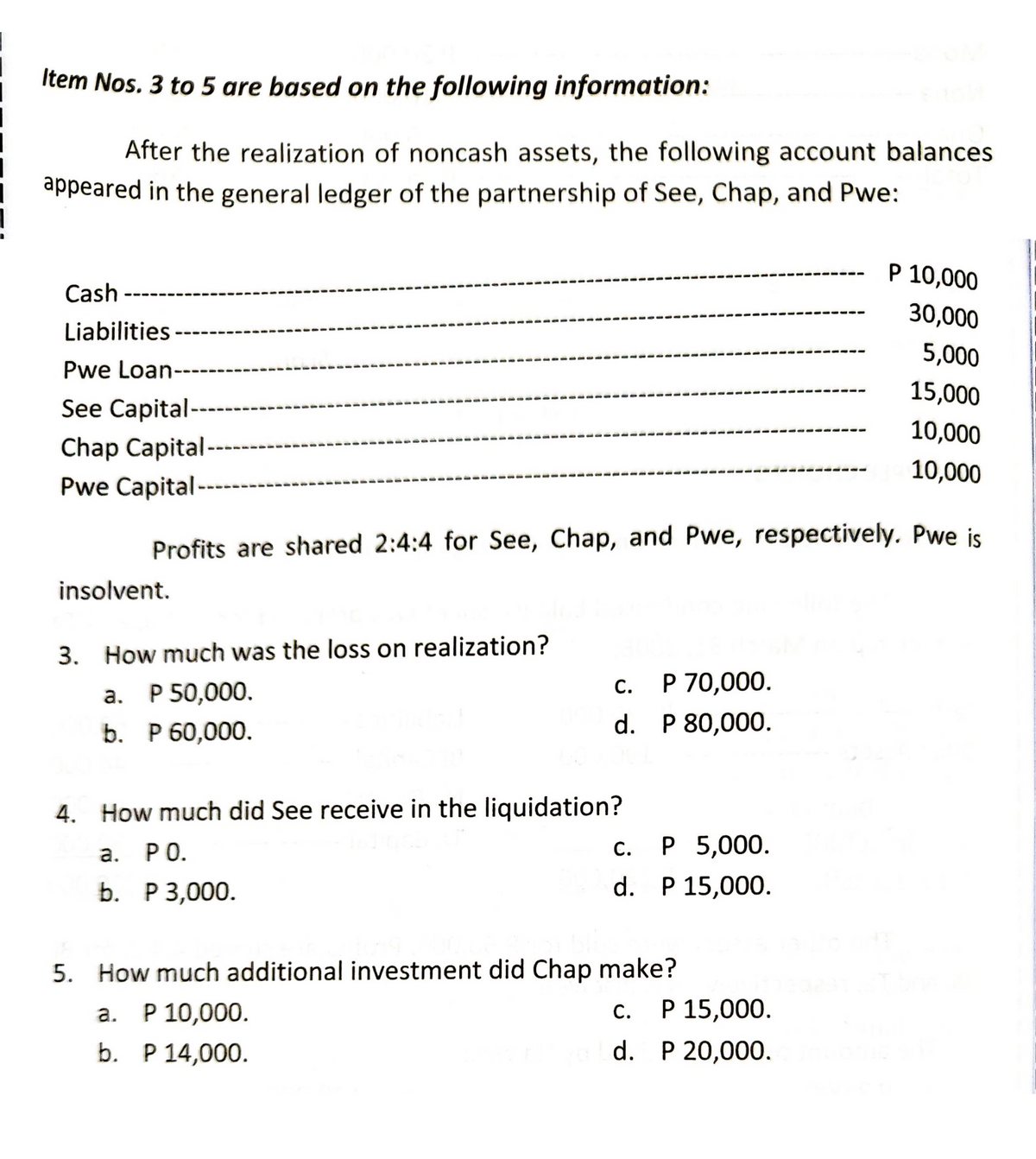 Item Nos. 3 to 5 are based on the following information:
After the realization of noncash assets, the following account balances
appeared in the general ledger of the partnership of See, Chap, and Pwe:
P 10,000
Cash
30,000
Liabilities
5,000
Pwe Loan-
15,000
See Capital-
10,000
Chap Capital-
10,000
Pwe Capital-
Profits are shared 2:4:4 for See, Chap, and Pwe, respectively. Pwe is
insolvent.
3. How much was the loss on realization?
C. P 70,000.
a. P 50,000.
d. P 80,000.
b. P 60,000.
4. How much did See receive in the liquidation?
C.
P 5,000.
a. PO.
d. P 15,000.
b. P 3,000.
5. How much additional investment did Chap make?
a. P 10,000.
C. P 15,000.
b. P 14,000.
d. P 20,000.
