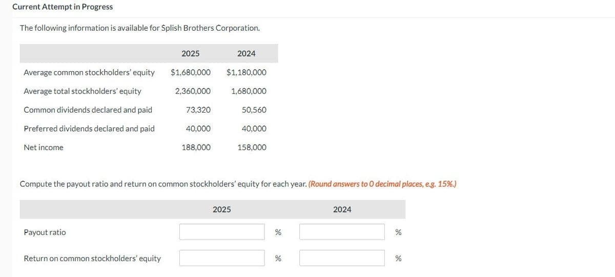 Current Attempt in Progress
The following information is available for Splish Brothers Corporation.
2025
2024
Average common stockholders' equity
$1,680,000 $1,180,000
Average total stockholders' equity
2,360,000
1,680,000
Common dividends declared and paid
Preferred dividends declared and paid
73,320
50,560
40,000
40,000
Net income
188,000
158,000
Compute the payout ratio and return on common stockholders' equity for each year. (Round answers to O decimal places, e.g. 15%.)
Payout ratio
Return on common stockholders' equity
2025
%
%
2024
%
%