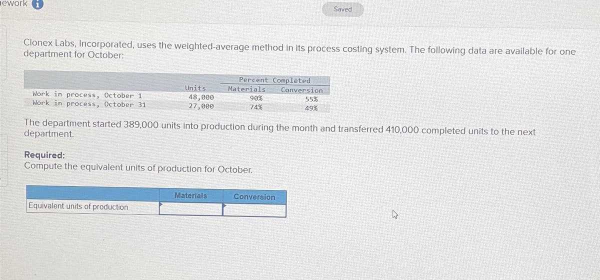 ework i
Saved
Clonex Labs, Incorporated, uses the weighted-average method in its process costing system. The following data are available for one
department for October:
Units
Percent Completed
Materials
Conversion
Work in process, October 1
Work in process, October 31
48,000
27,000
90%
74%
55%
49%
The department started 389,000 units into production during the month and transferred 410,000 completed units to the next
department.
Required:
Compute the equivalent units of production for October.
Equivalent units of production
Materials
Conversion