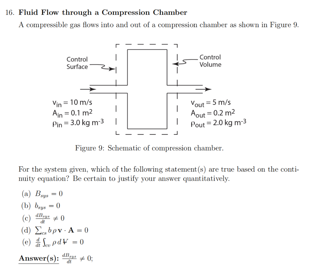 16. Fluid Flow through a Compression Chamber
A compressible gas flows into and out of a compression chamber as shown in Figure 9.
Vin = 10 m/s
Ain = 0.1 m²
Pin = 3.0 kg m-3
(a) Bsys = 0
(b) bsys
=
dB sys
dt
Control
Surface
For the system given, which of the following statement(s) are true based on the conti-
nuity equation? Be certain to justify your answer quantitatively.
0
Control
Volume
Figure 9: Schematic of compression chamber.
(c) #0
(d) Σsbpv · A = 0
(e) & Spdv = 0
Vout
= 5 m/s
Aout = 0.2 m²
Pout = 2.0 kg m-3
Answer(s): # 0;
dB sys
dt