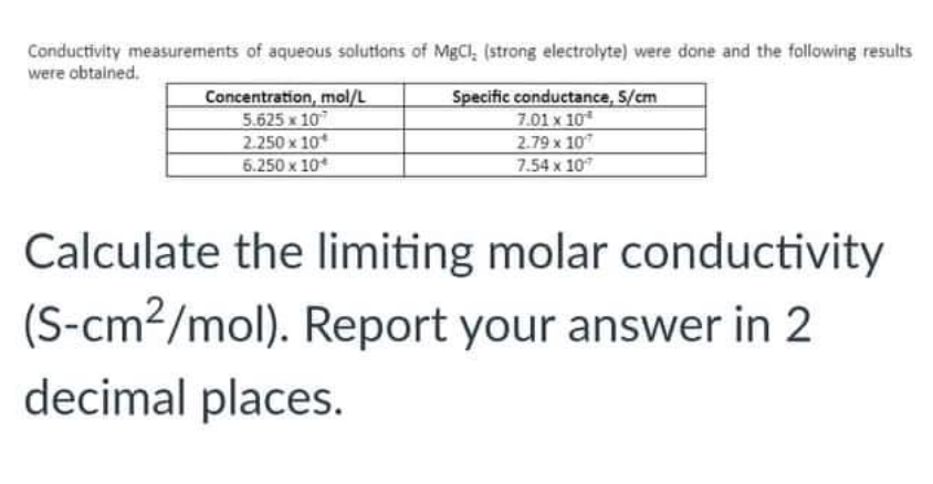 Conductivity measurements of aqueous solutions of MgCl, (strong electrolyte) were done and the following results
were obtained.
Concentration, mol/L
5.625 x 107
2.250 x 10
6.250 x 10
Specific conductance, 5/cm
7.01 x 10
2.79 x 107
7.54 x 107
Calculate the limiting molar conductivity
(S-cm²/mol). Report your answer in 2
decimal places.