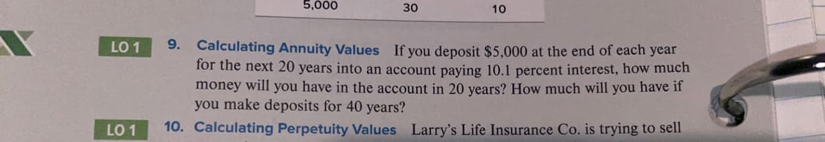 5,000
30
10
LO 1
9.
Calculating Annuity Values If you deposit $5,000 at the end of each year
for the next 20 years into an account paying 10.1 percent interest, how much
money will you have in the account in 20 years? How much will you have if
you make deposits for 40 years?
LO 1
10. Calculating Perpetuity Values Larry's Life Insurance Co. is trying to sell
