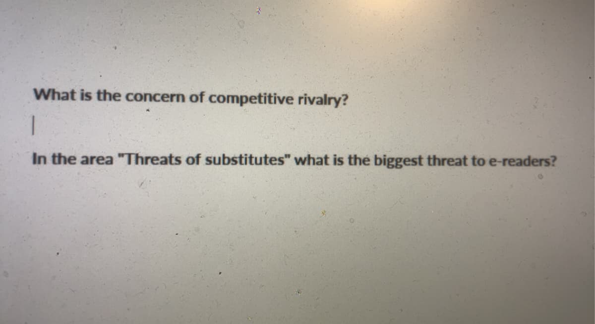 What is the concern of competitive rivalry?
1
In the area "Threats of substitutes" what is the biggest threat to e-readers?