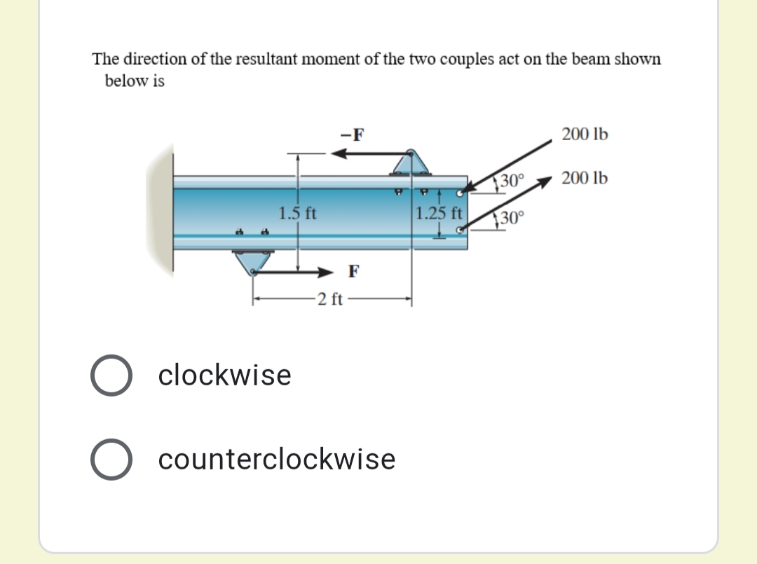 The direction of the resultant moment of the two couples act on the beam shown
below is
-F
200 lb
200 lb
30°
1.5 ft
1.25 ft
130°
→ F
2 ft
O clockwise
O counterclockwise
