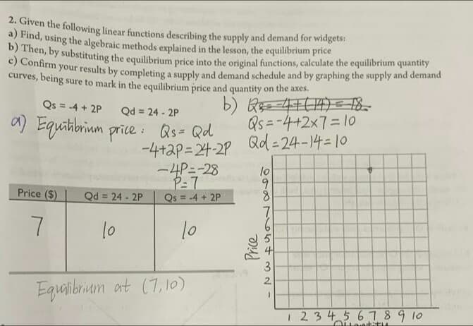 ven the following linear functions describing the supply and demand for widgets:
na, using the algebraic methods explained in the lesson, the equilibrium price
) Cony substituting the equilibrium price into the original functions, calculate the equilibrium quantity
rconirm your results by completing a supply and demand schedule and by graphing the supply and demand
curves, being sure to mark in the equilibrium price and quantity on the axes.
Qs = -4 + 2P
Qd = 24 - 2P
a) Equiibrium price : as- Qd
Qs =-4+2x7=10
Qd - 24-14= 10
%3D
-4+ap= 24-2P
-4P=-28
P=7
Qs = -4 + 2P
lo
Price ($)
Qd 24 - 2P
8.
10
10
2.
Equaibrium at (7,10)
123456189 10
Price
