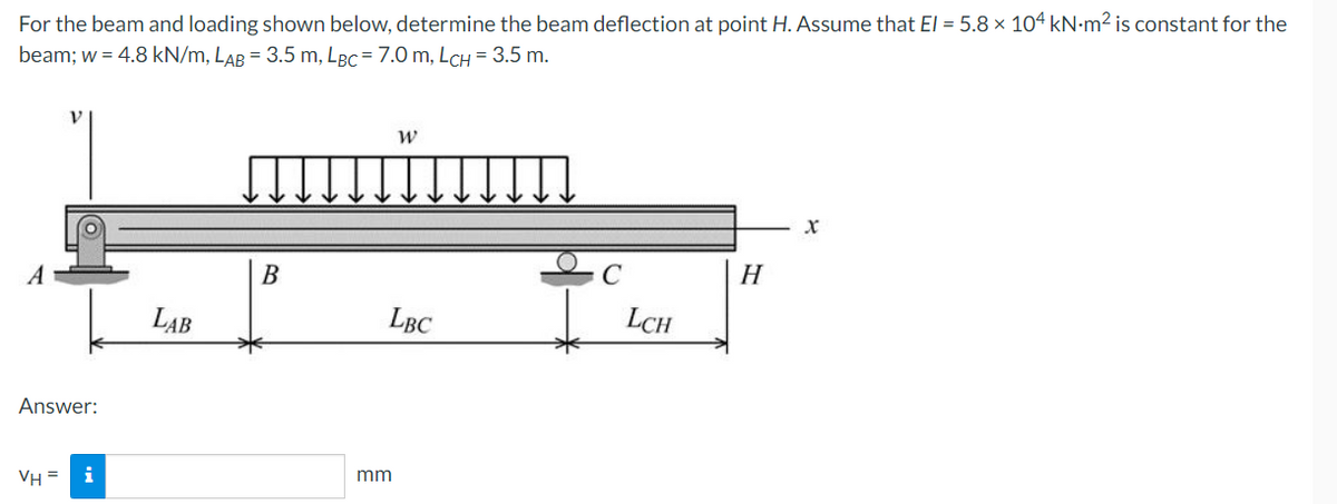For the beam and loading shown below, determine the beam deflection at point H. Assume that El = 5.8 × 104 kN-m² is constant for the
beam; w = 4.8 kN/m, LAB = 3.5 m, LBC = 7.0 m, LCH = 3.5 m.
A
B
H
LAB
LBC
LCH
Answer:
VH = i
mm
