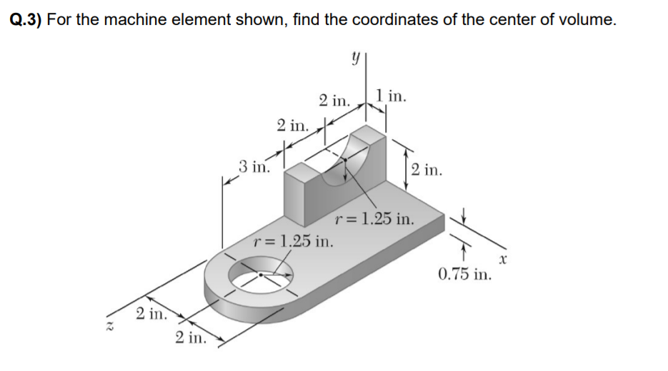 Q.3) For the machine element shown, find the coordinates of the center of volume.
1 in.
2 in.
2 in.
3 in.
2 in.
r=1.25 in.
r=1.25 in.
0.75 in.
2 in.
2 in.
