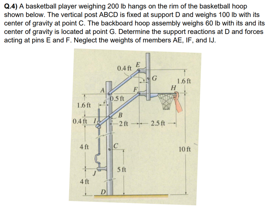 Q.4) A basketball player weighing 200 lb hangs on the rim of the basketball hoop
shown below. The vertical post ABCD is fixed at support D and weighs 100 lb with its
center of gravity at point C. The backboard hoop assembly weighs 60 lb with its and its
center of gravity is located at point G. Determine the support reactions at D and forces
acting at pins E and F. Neglect the weights of members AE, IF, and IJ.
E
0.4 ft
G
1.6 ft
H
F
A
0.5 ft
1.6 ft-
В
0.4 ft I
2 ft 2.5 ft
4 ft
C
10 ft
5 ft
J
4 ft
D
