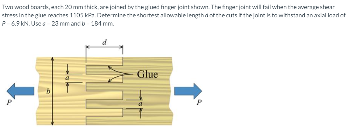 Two wood boards, each 20 mm thick, are joined by the glued finger joint shown. The finger joint will fail when the average shear
stress in the glue reaches 1105 kPa. Determine the shortest allowable length d of the cuts if the joint is to withstand an axial load of
P = 6.9 kN. Use a = 23 mm and b = 184 mm.
d
Glue
а
b.
a
