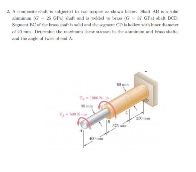 2. A composite shaft is subjected to two torques as shown below. Shaft AB is a solid
aluminum (G = 25 GPa) shaft and is welded to brass (G = 37 GPa) shaft BCD.
Segment BC of the brass shaft is solid and the segment CD is hollow with inner diameter
of 40 mm. Determine the maximum shear stresses in the aluminum and brass shafts,
and the angle of twist of end A.
60 mm
T = 1600 N - m
36 mm
TA = S00 N - m
250 mm
375 mm
400 mm

