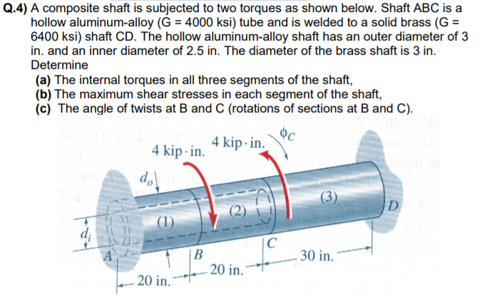 Q.4) A composite shaft is subjected to two torques as shown below. Shaft ABC is a
hollow aluminum-alloy (G = 4000 ksi) tube and is welded to a solid brass (G =
6400 ksi) shaft CD. The hollow aluminum-alloy shaft has an outer diameter of 3
in. and an inner diameter of 2.5 in. The diameter of the brass shaft is 3 in.
Determine
(a) The internal torques in all three segments of the shaft,
(b) The maximum shear stresses in each segment of the shaft,
(c) The angle of twists at B and C (rotations of sections at B and C).
4 kip · in.
4 kip in.
(3)
D
(1)
B
20 in.
30 in.
20 in.
