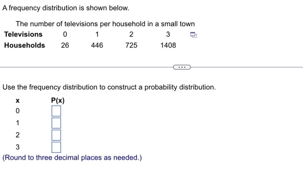 A frequency distribution is shown below.
The number of televisions per household in a small town
Televisions
0
2
3
Households
26
725
1408
1
446
X
0
1
Use the frequency distribution to construct a probability distribution.
P(x)
n
JL
2
3
(Round to three decimal places as needed.)