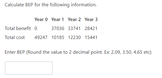 Calculate BEP for the following information.
Year 0 Year 1 Year 2 Year 3
Total benefit 0
37036 33741 28421
Total cost
49247 10185 12230 15441
Enter BEP (Round the value to 2 decimal point. Ex: 2.09, 3.50, 4.65 etc)
