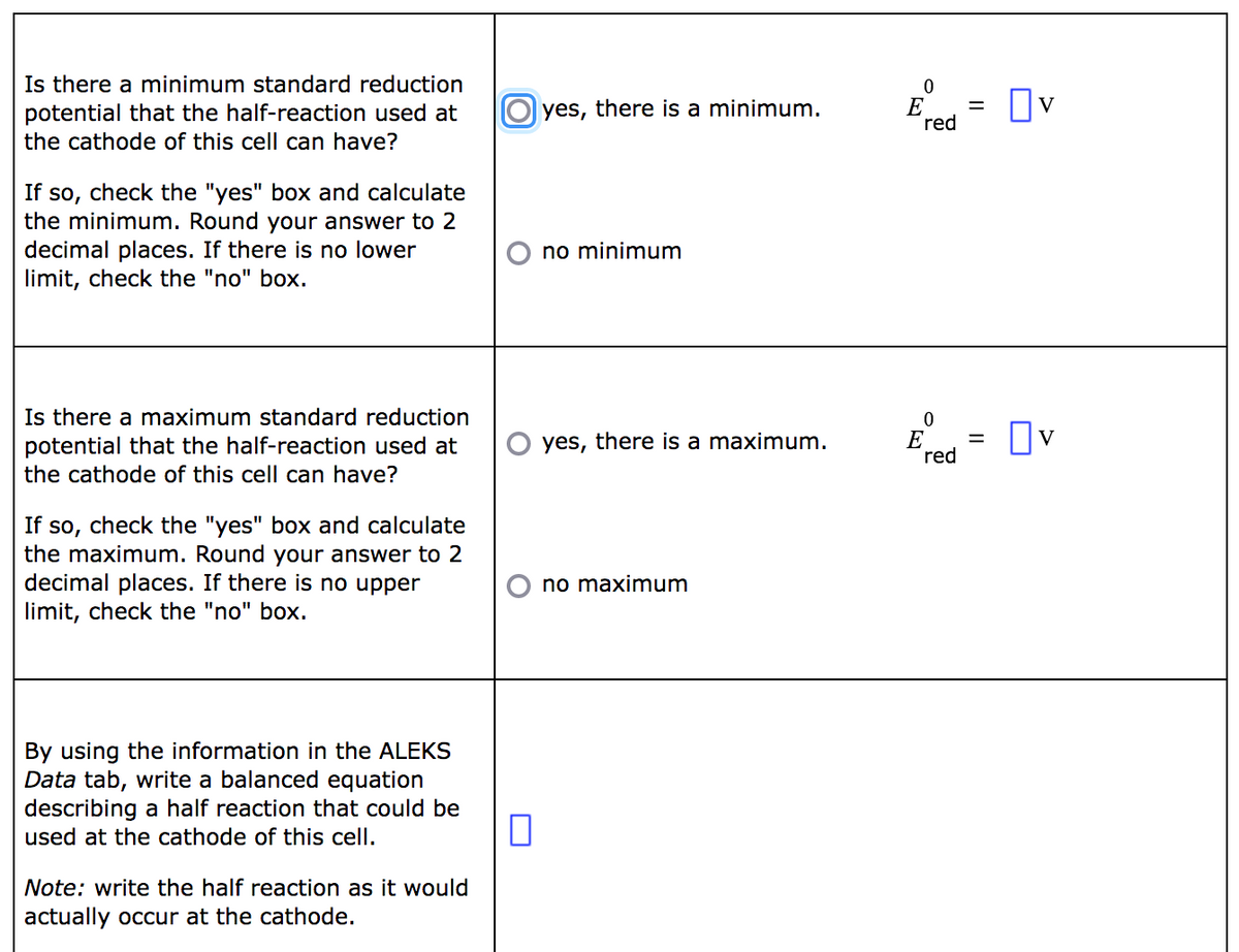 Is there a minimum standard reduction
potential that the half-reaction used at
the cathode of this cell can have?
If so, check the "yes" box and calculate
the minimum. Round your answer to 2
decimal places. If there is no lower
limit, check the "no" box.
Is there a maximum standard reduction
potential that the half-reaction used at
the cathode of this cell can have?
If so, check the "yes" box and calculate
the maximum. Round your answer to 2
decimal places. If there is no upper
limit, check the "no" box.
By using the information in the ALEKS
Data tab, write a balanced equation
describing a half reaction that could be
used at the cathode of this cell.
Note: write the half reaction as it would
actually occur at the cathode.
yes, there is a minimum.
0
no minimum
O yes, there is a maximum.
no maximum
0
E
red
0
E
red
= Ov
=
☐v