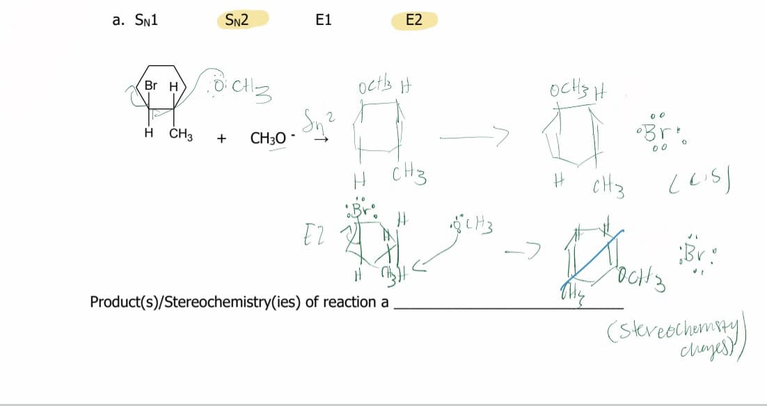 a. SN1
SN2
E1
E2
octa it
ocHs H
Br H
H ČH3
CH30 -
+
H CHz
->
Br:
Product(s)/Stereochemistry(ies) of reaction a
(stereochemsey
chuyesY
